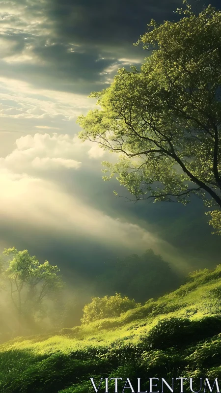 Sunlit hillside forest slopes beneath dramatic cloud layers