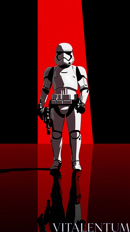 Armored sci-fi soldier in red spotlight with stark reflection.