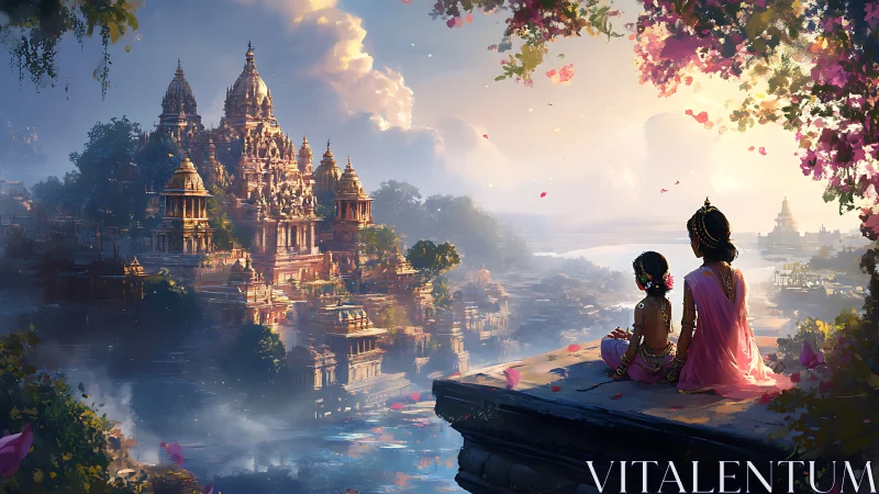 Riverside temple city vista with two seated figures at edge.