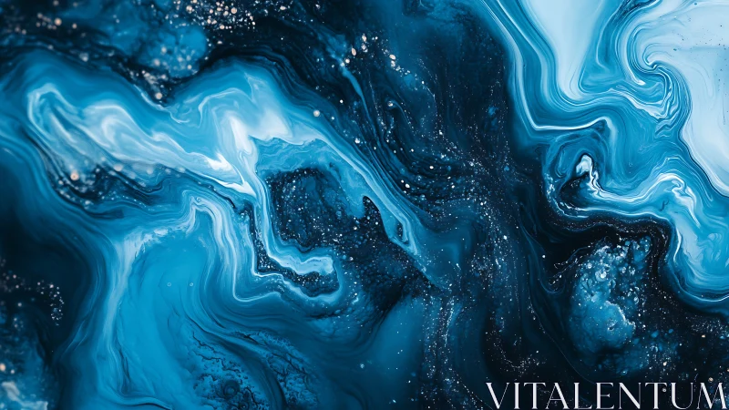 Fluid blue abstraction with cosmic marbling dynamics in frame.