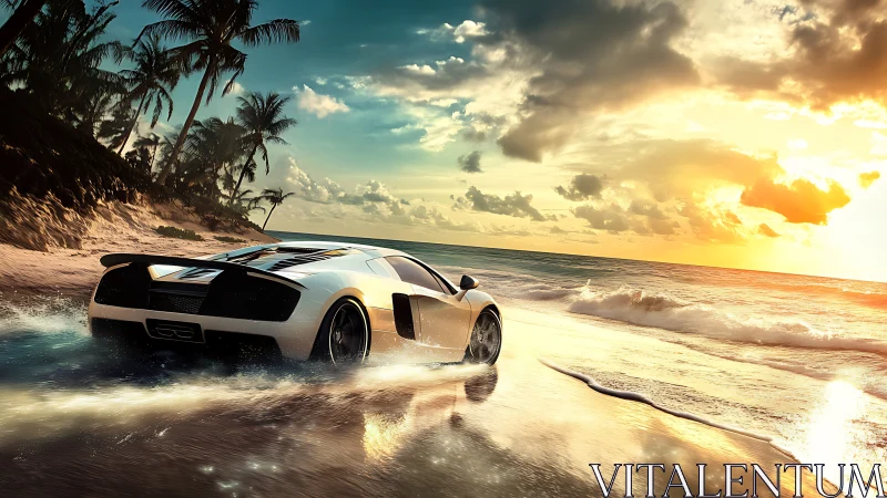 Sports car moves along reflective tropical shoreline at sunset