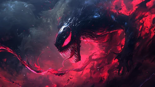 Monstrous red symbiote lunges through swirling dark void