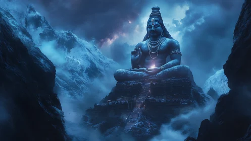 Colossal icy deity meditates amid stormy mystical peaks.