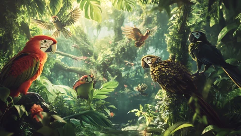 Colorful parrots crowd sunlit rainforest clearing in flight.