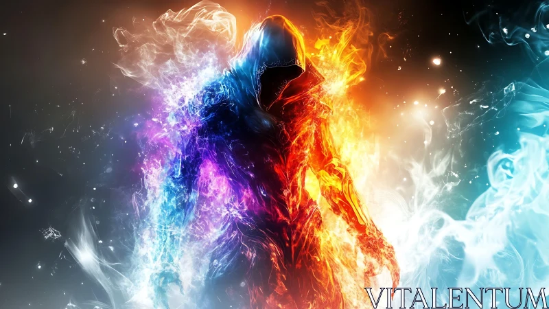 Hooded elemental wanderer woven from fire and swirling ice.
