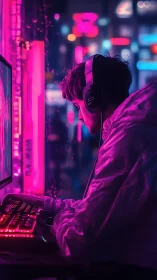 Neon-lit gamer drifts through a cyberdream of city lights.
