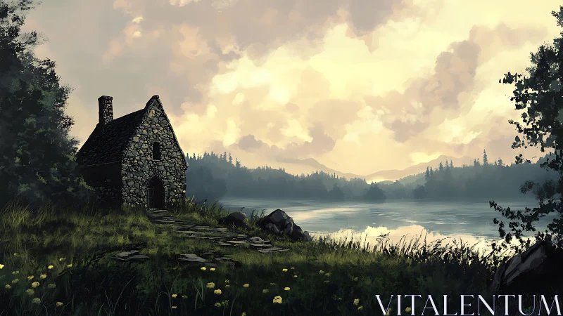 Stone lakeside cottage at dawn with misty conifer forest