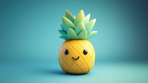 Smiling kawaii pineapple character brightens teal studio light