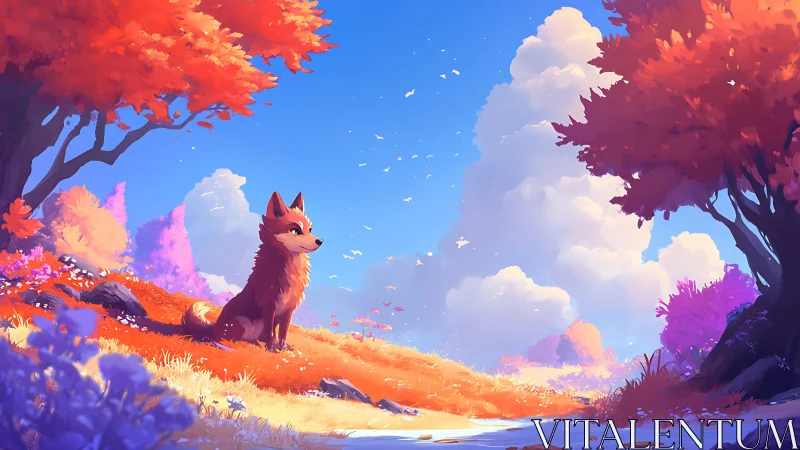 Warm-lit canine under stylized autumn canopy in saturated landscape