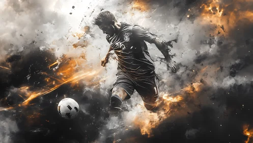 Dynamic soccer player in mid-air kick amid smoky backdrop.