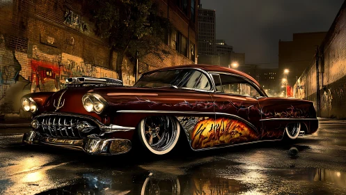 Customized classic car in wet nighttime urban alleyway scene.