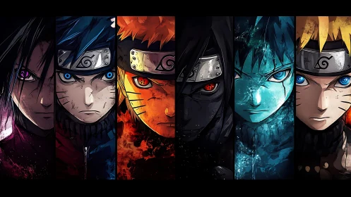 Intense split-panel ninja portraits in dramatic anime style.