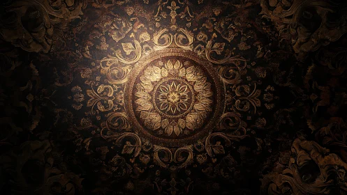 Ornate circular mandala with gold floral scrollwork pattern.