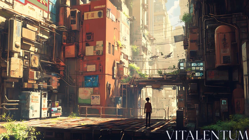 Solitary figure in sunlit cyberpunk alleyway district.