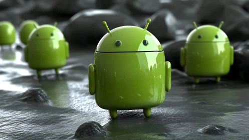 Glossy green Android mascots on reflective wet stone terrain