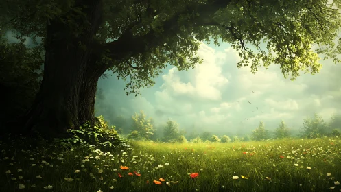 Sunlit meadow refuge beneath a wise old summer tree.