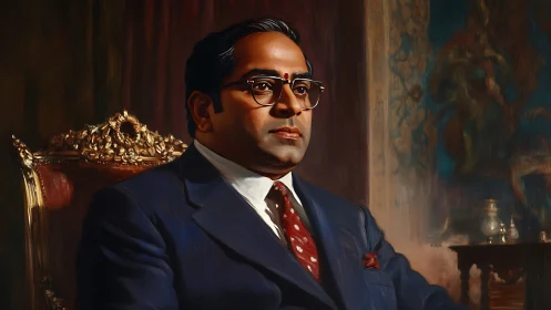 Formal oil portrait of dignified man in navy suit on ornate chair