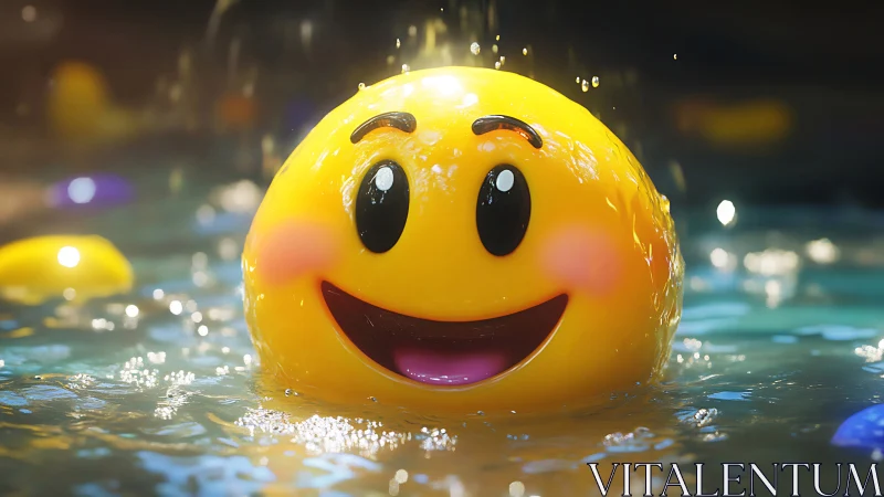 High-gloss smiling emoji sphere emerging from rippling water