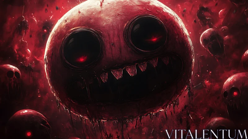 Grotesque red monster face with glowing eyes in darkness.