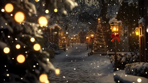 Snow-covered village street with lit holiday decorations.