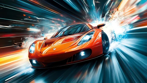 Turbo orange comet car ripping through neon velocity tunnels.