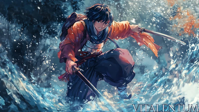 Storm-lit samurai surges forward with twin blades drawn