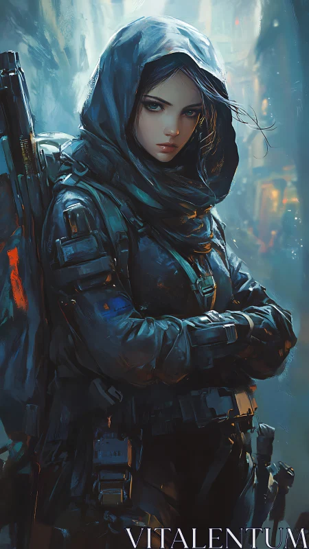 Hooded cyber scout pausing in a rain washed neon alley.