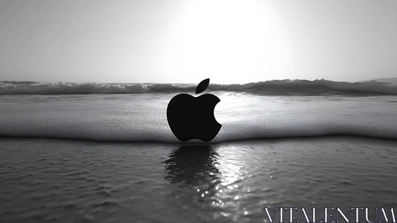 Silhouette logo stands against monochrome shoreline horizon