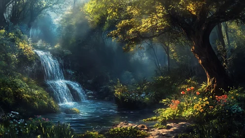 Enchanted Forest Waterfall. Golden Light Through Ancient Trees.
