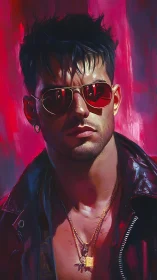 Neon-lit rebel portrait with crimson reflective shades.