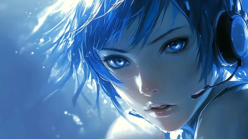 Blue cyber girl portrait with glowing headset gaze.