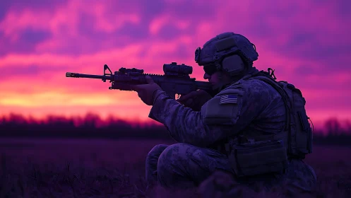 Soldier aims rifle against vivid magenta combat sunset sky.