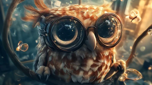 Hyperdetailed steampunk owl with oversized reflective lenses observed