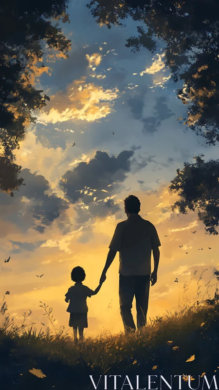 Sunlit meadow stroll where father and child meet skyfire.