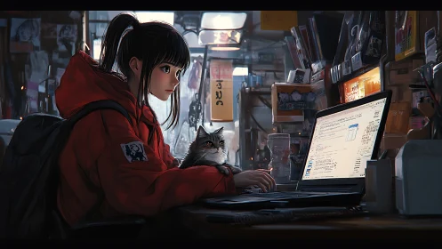 Digital painting of girl coding in neon-lit workstation interior.