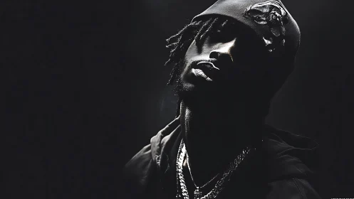 Shadowlit street poet in moody monochrome glow portrait.