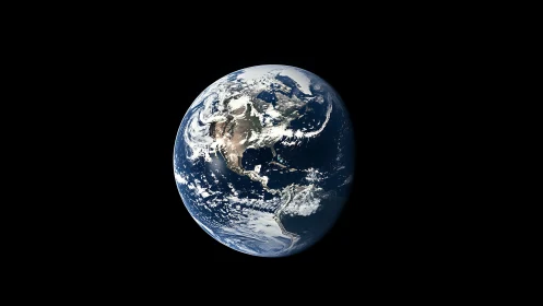 Orbital view of Earth with North and South America illuminated.