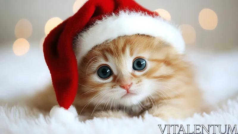 High-key photoreal kitten portrait in Santa hat micro-bokeh.