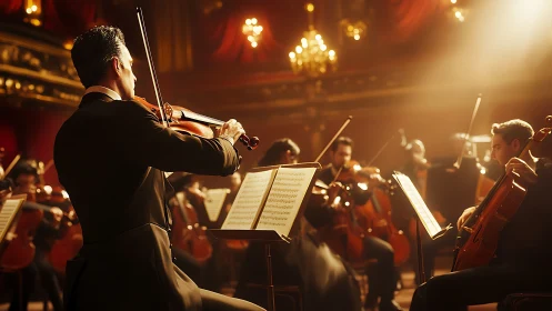 Professional symphony orchestra performing in warm light.