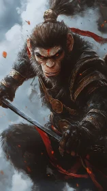 Armored simian warrior grips staff weapon in dynamic pose
