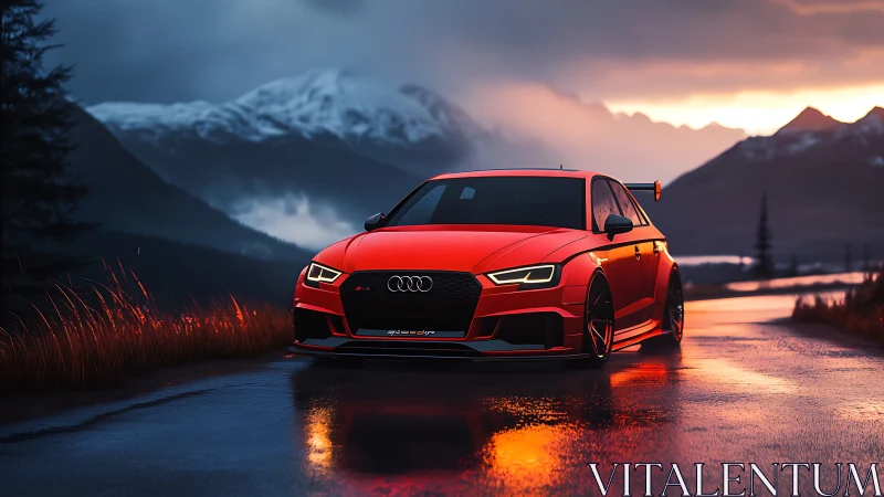 Red sports sedan is parked on a wet mountain road at dusk