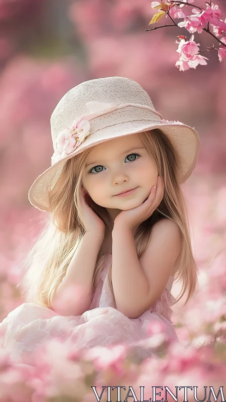 Young girl in sun hat among soft pink blossoms.
