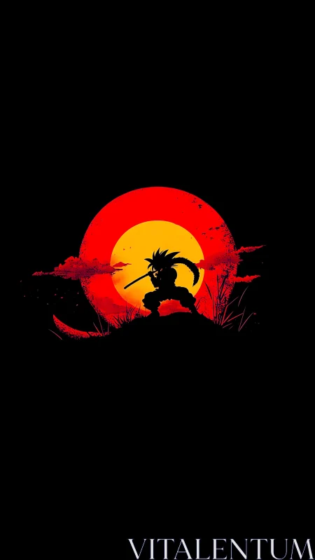 Samurai child silhouette stands against blazing red sun