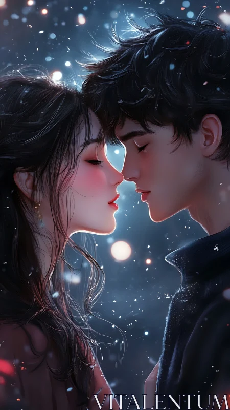 Two figures in profile close together, glowing blue light particles surrounding dark hair