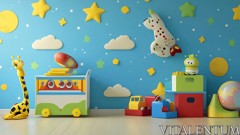 Luminous 3D nursery wall with modular toys and space motifs.