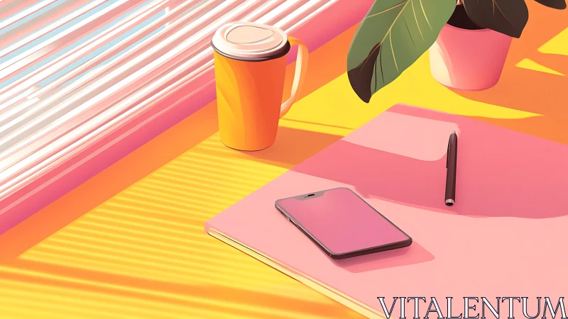 Colorful desk scene with coffee cup, phone, and notebook.