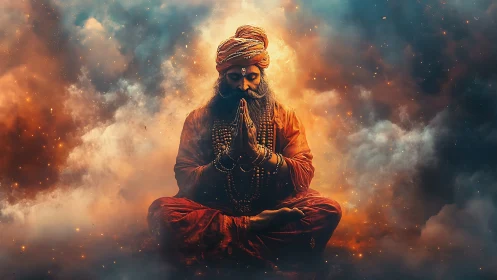 Mystic sage levitates in cosmic fire and tranquil storm clouds.