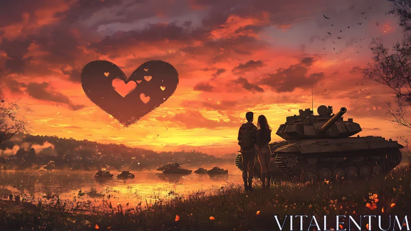 Military scene rendered with sunset atmosphere and heart silhouette