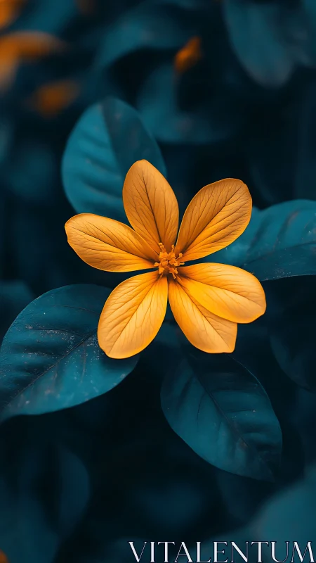 Golden Bloom Against Teal Foliage: Botanical Contrast Study.