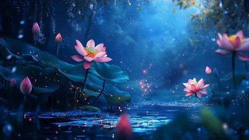 Lotus flowers and pond surface rendered in luminous blue light